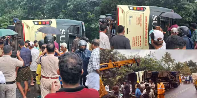 പാലാ – തൊടുപുഴ റോഡിൽ  അന്തർ സംസ്ഥാന ടൂറിസ്റ്റ് ബസ് മറിഞ്ഞ് 15 പേർക്ക് പരിക്ക്