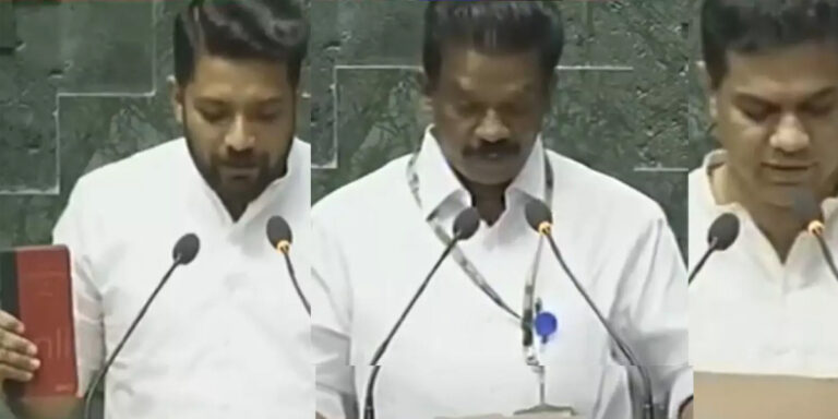 ദൃഢപ്രതിജ്ഞ ചെയ്ത് കെ രാധാകൃഷ്ണൻ, ഭരണഘടന ഉയർത്തിക്കാട്ടി കേരളത്തിലെ കോൺഗ്രസ് എംപിമാർ,