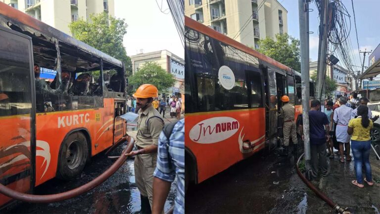 എറണാകുളത്ത് കെഎസ്ആർടിസി ലോ ഫ്ലോർ ബസിൽ തീ ആളിപ്പടർന്നു, പകുതിയോളം കത്തിനശിച്ചു