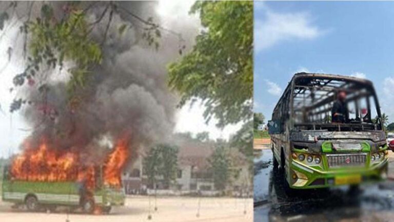 ആ​ല​പ്പു​ഴ ഹെ​വി ഡ്രൈ​വിം​ഗ് ടെ​സ്റ്റി​നി​ടെ ബ​സ് തീ​പി​ടി​ച്ച് ക​ത്തി​ന​ശി​ച്ചു