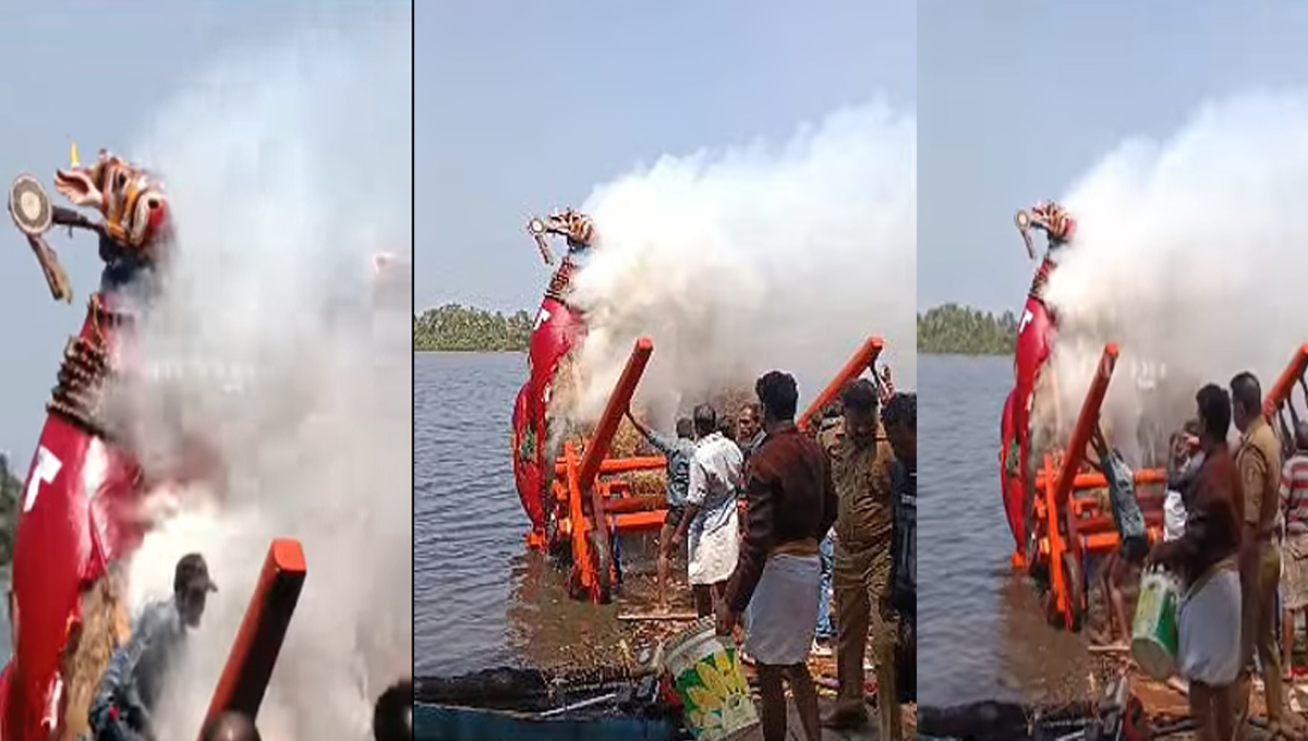 കായലില്‍ വച്ച് 110 കെവി ലൈനില്‍ തട്ടി; കൊല്ലത്ത് കെട്ടുകാളയ്ക്ക് തീപിടിച്ചു