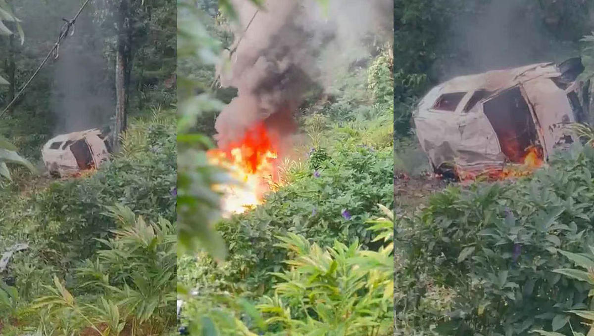 ഇടുക്കിയിൽ വാഹനം 60 അടി താഴ്ചയിലേക്ക് മറിഞ്ഞ് തീപിടിച്ചു; നാല് പേര്‍ക്ക് പരിക്ക്