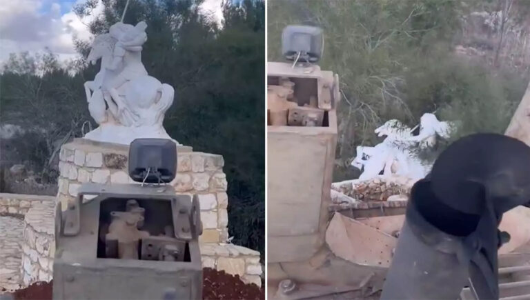 ലെബനാനിൽ ഓശാന ഞായറാഴിച്ച സെന്റ് ജോർജ് പ്രതിമ ബുൾഡോസർ ഉപയോഗിച്ച് തകർത്ത് ഇസ്രായേൽ സൈന്യം