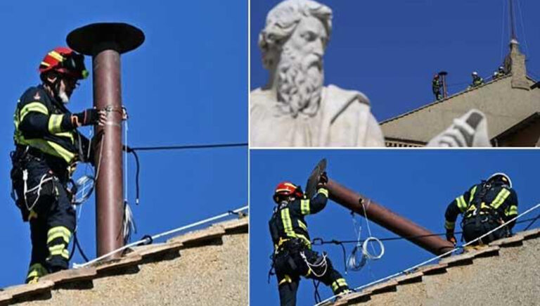 സി​സ്റ്റൈ​ൻ ചാ​പ്പ​ലി​ൽ ചി​മ്മി​നി സ്ഥാ​പി​ച്ചു; പു​തി​യ ഇ​ട​യ​നെ ക​ണ്ടെ​ത്താ​നു​ള്ള കോ​ൺ​ക്ലേ​വ് ഏ​ഴി​ന്