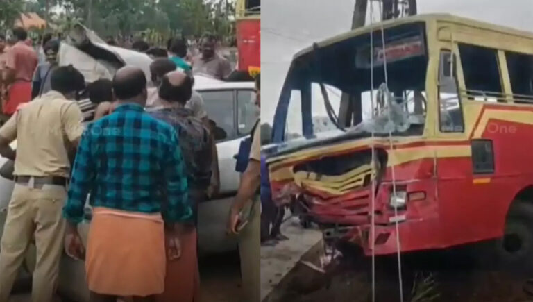 കെ​എ​സ്ആ​ർ​ടി​സി ബ​സും കാ​റും പി​ക്ക​പ്പ് വാ​നും കൂ​ട്ടി​യി​ടി​ച്ച് അ​പ​ക​ടം; സ്ത്രീ ​മ​രി​ച്ചു
