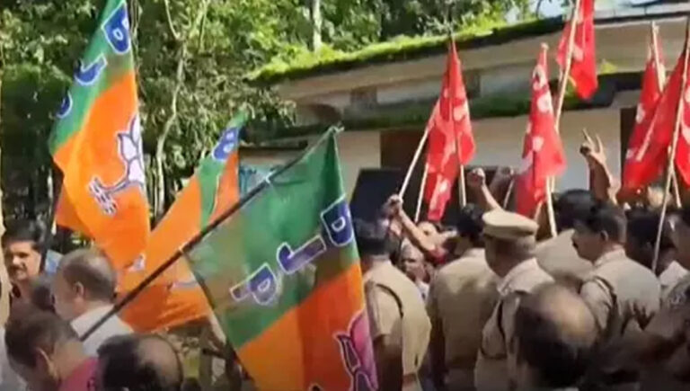 ഭാരതാംബ വിവാദം : ആലപ്പുഴ നൂറനാട് മന്ത്രി പി പ്രസാദിൻ്റെ വീടിനുമുന്നിൽ ആര്‍എസ്എസ്-സിപിഐ സംഘർഷം