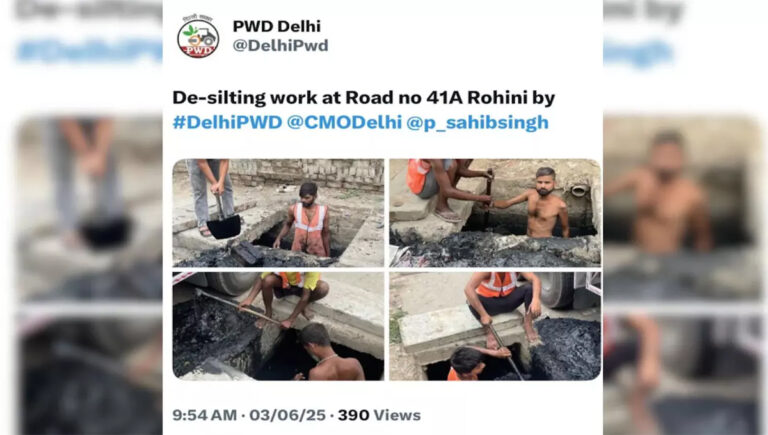 സുരക്ഷ ഉപകണങ്ങൾ ഇല്ലതെ ഡ്രെയിനിൽ ഇറങ്ങുന്ന തൊഴിലാളികളുടെ ചിത്രങ്ങൾ പോസ്റ്റ് ചെയ്ത് ഡൽഹി പിഡബ്ല്യുഡി