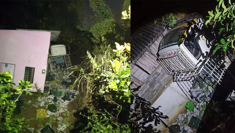 ഇടുക്കി നെടുങ്കണ്ടത്ത് ലോറി വീടിന് മുകളിലേക്ക് മറിഞ്ഞു