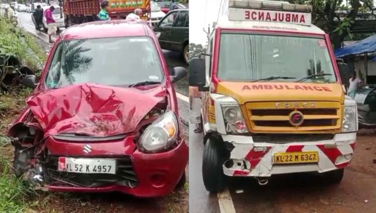 തൃശ്ശൂരിൽ ആംബുലൻസും കാറും കൂട്ടിയിടിച്ചു; കാർ യാത്രക്കാർക്ക് പരിക്ക്