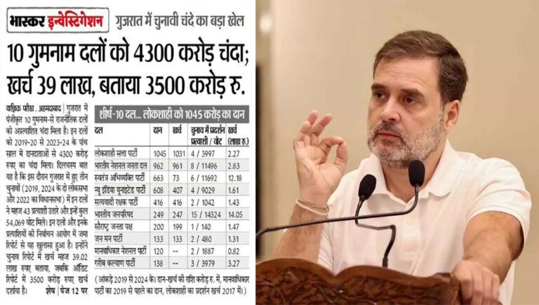 ഗുജറാത്തിൽ 2019-2024 കാലയളവിൽ 10 അജ്ഞാത രാഷ്ട്രീയ പാർട്ടികൾക്ക് സംഭാവനയായി ലഭിച്ചത് 4,300 കോടി : രാഹുൽ ഗാന്ധി