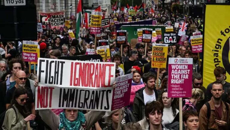 ലണ്ടൻ നഗരം സ്തംഭിപ്പിച്ച് ഒരു ലക്ഷത്തിലധികം പേര്‍ പങ്കെടുത്ത കുടിയേറ്റ വിരുദ്ധരുടെ പ്രതിഷേധം; നിരവധി പേര്‍ അറസ്റ്റിൽ