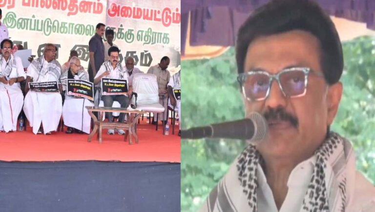 ഗാസ ഐക്യദാര്‍ഢ്യം : തമിഴ്‌നാട് സിപിഐഎം പരിപാടിയിൽ കഫിയ ധരിച്ചെത്തി സ്റ്റാലിൻ