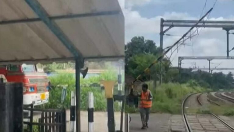 ലോറിയിടിച്ച് പുതുക്കാട് റെയിൽവേ ഗേറ്റ് വൈദ്യുതി കമ്പിയിലേക്ക് വീണു; ട്രെയിൻ ഗതാഗതം തടസപ്പെട്ടു