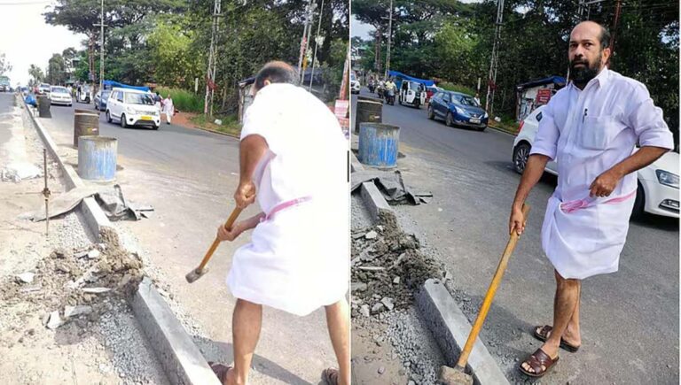 തൃശൂര്‍- കുന്നംകുളം സംസ്ഥാനപാതയിലെ ഡിവൈഡര്‍ തല്ലിത്തകര്‍ത്ത് അനില്‍ അക്കര