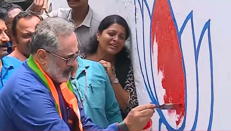 നേമത്ത് ചുവരെഴുതി ബിജെപി തെരഞ്ഞെടുപ്പ് പ്രചാരണത്തിന് തുടക്കം കുറിച്ച് രാജീവ് ചന്ദ്രശേഖര്‍