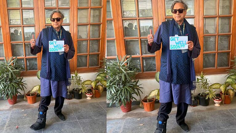 പാര്‍ലമെന്റ് കവാടത്തില്‍ തെന്നി വീണ് കാല്‍ ഒടിഞ്ഞു; ചിത്രം പങ്കുവെച്ച് ശശി തരൂർ എംപി