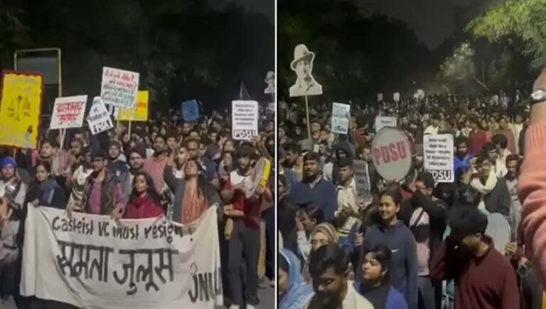 ഡൽഹി ജെഎൻയുവിൽ വിസിയുടെ രാജി ആവശ്യപ്പെട്ട് നടത്തിയ സമരത്തിന് നേരെ കല്ലേറ്