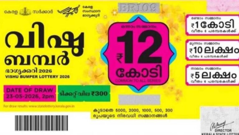 12 കോടി വിഷു ബംബർ നറുക്കെടുപ്പ് ഫലം പുറത്ത്; ഒന്നാം സമ്മാനം കൊല്ലം കരുനാ​ഗപ്പള്ളിയിൽ വിറ്റ ടിക്കറ്റിന്