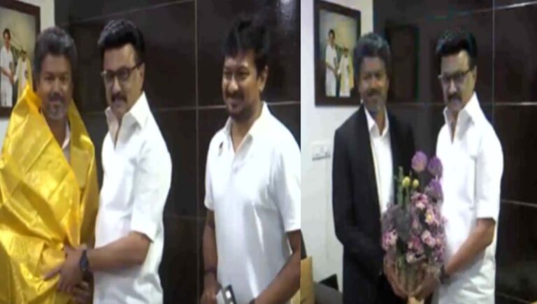 സ്റ്റാലിനെ വസതിയിലെത്തി സന്ദര്‍ശിച്ച് വിജയ്; കെട്ടിപ്പിടിച്ച് സ്വാഗതം ചെയ്ത് സ്റ്റാലിനും ഉദയനിധിയും