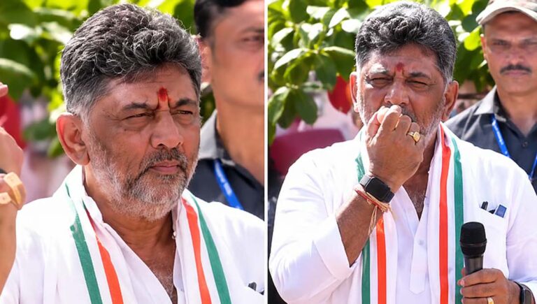കർണാടകയിൽ പുതിയ വിവാദം; പാതി കടിച്ച ആപ്പിൾ ജനക്കൂട്ടത്തിലേക്ക് എറിഞ്ഞ് മുഖ്യമന്ത്രി ഡികെ