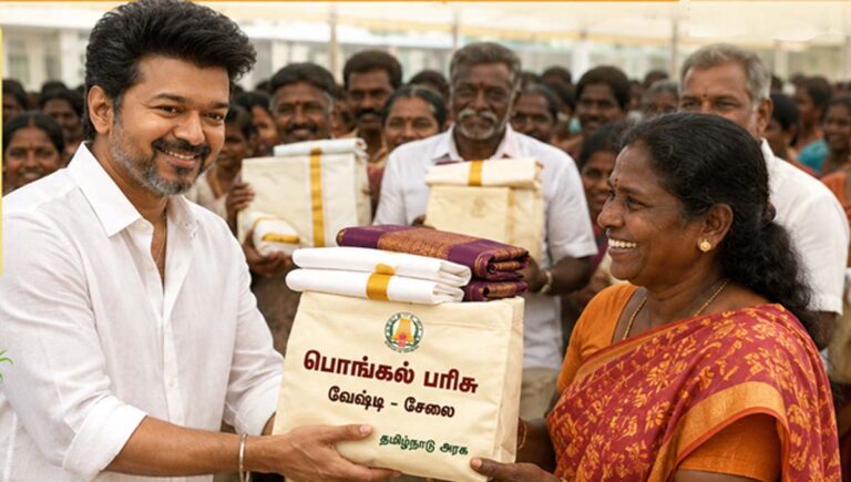 പൊങ്കൽ ആഘോഷമാക്കാൻ റേഷൻ കാർഡുള്ളവർക്കെല്ലാം മുണ്ടും സാരിയും സമ്മാനവുമായി വിജയ്